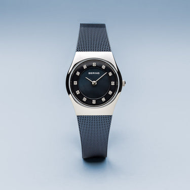 Bering Classic Polished Silver Navy Blue Mesh Watch