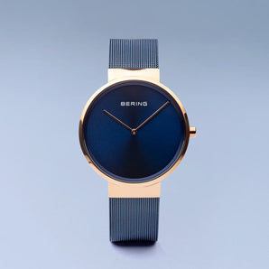 Bering Classic Polished Rose Gold 39mm Blue Mesh Watch