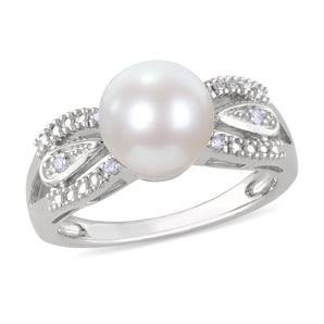 Ice Jewellery 9-9.5mm Freshwater White Pearl and Diamond Ring in Sterling Silver - 7500080808 | Ice Jewellery Australia